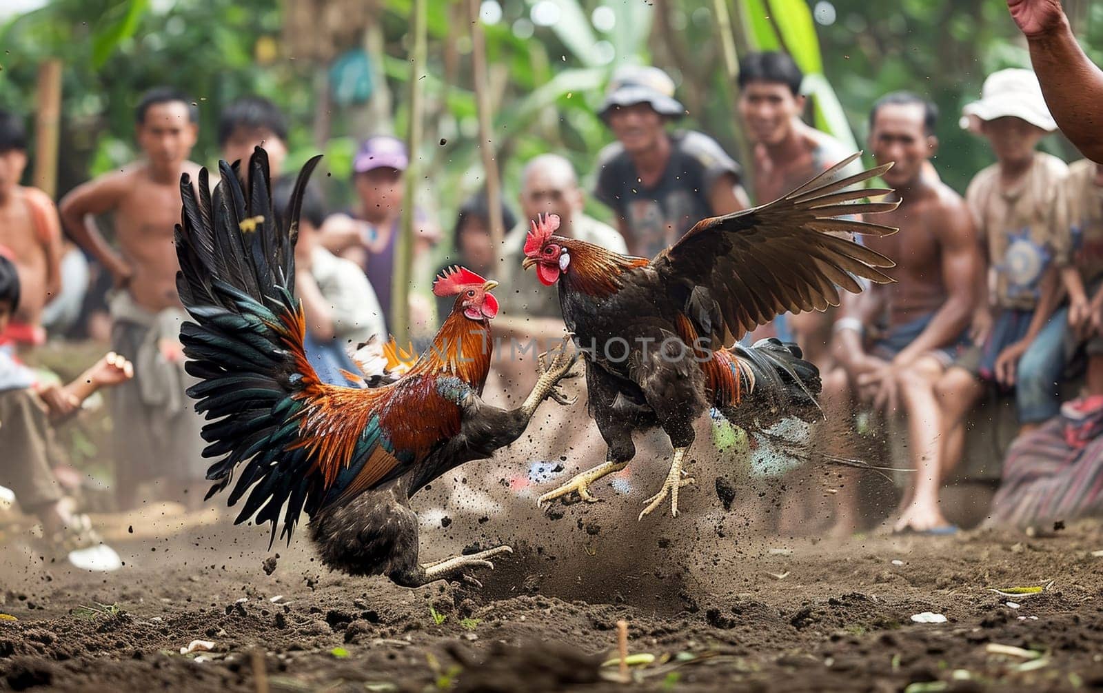 A dynamic cockfight with roosters engaged in battle while surrounded by an attentive crowd in a tropical village setting. by sfinks