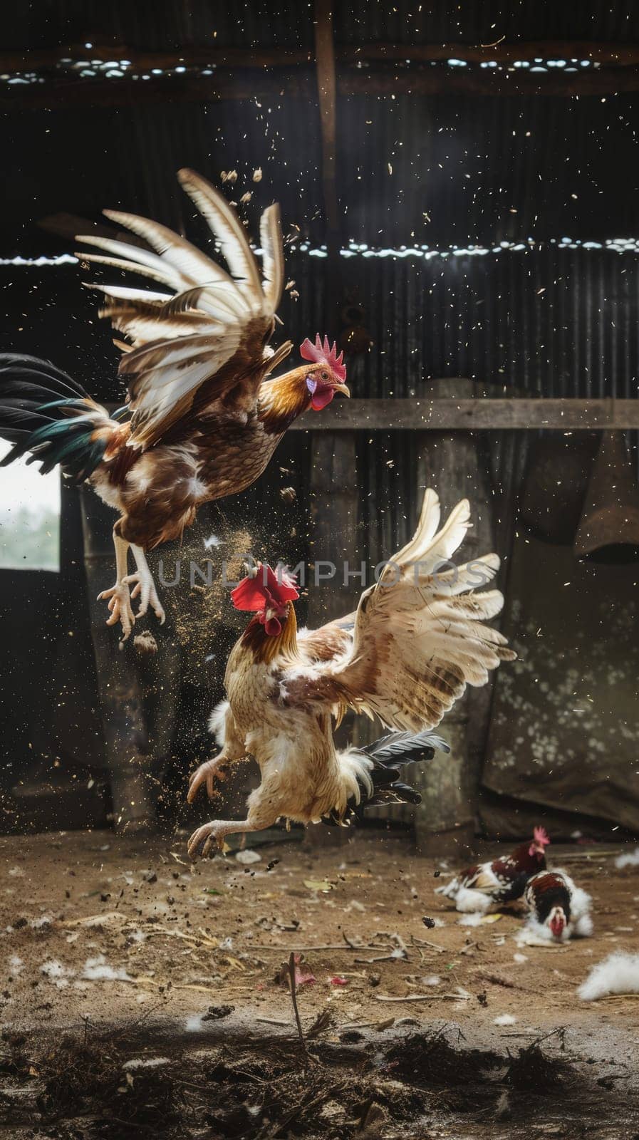 Two roosters in mid-air combat, feathers flying, inside a rustic barn with sunlight streaming through gaps