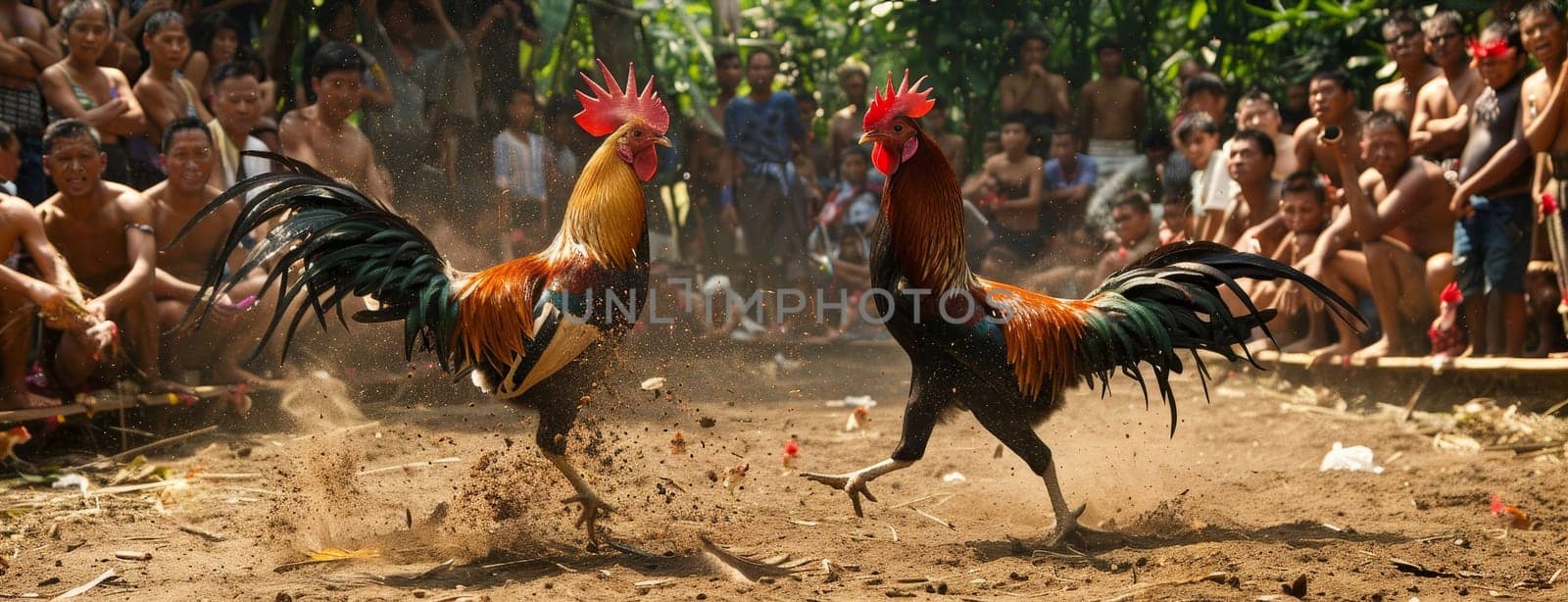 A dynamic cockfight with roosters engaged in battle while surrounded by an attentive crowd in a tropical village setting