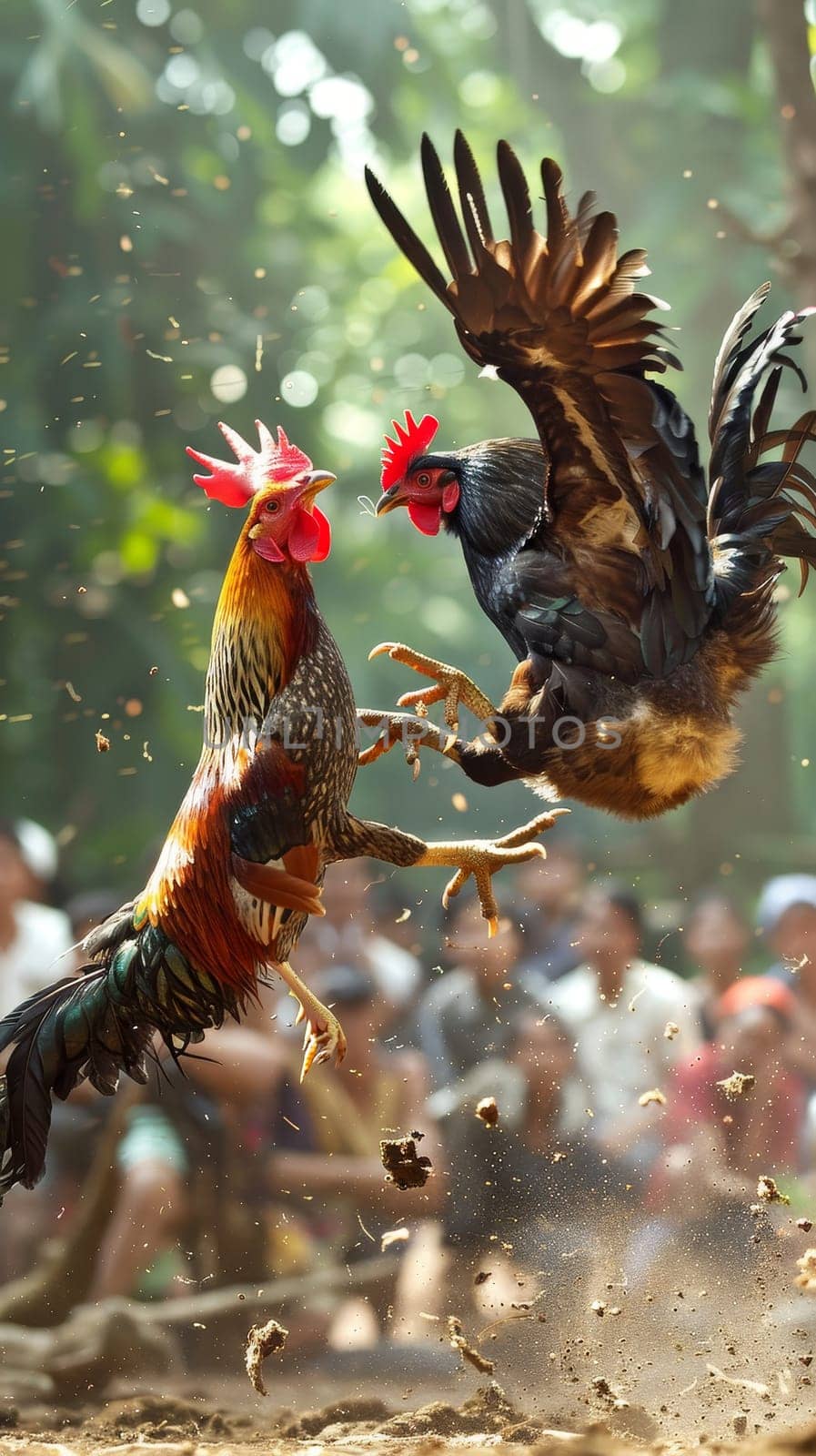 A dynamic cockfight with roosters engaged in battle while surrounded by an attentive crowd in a tropical village setting. by sfinks