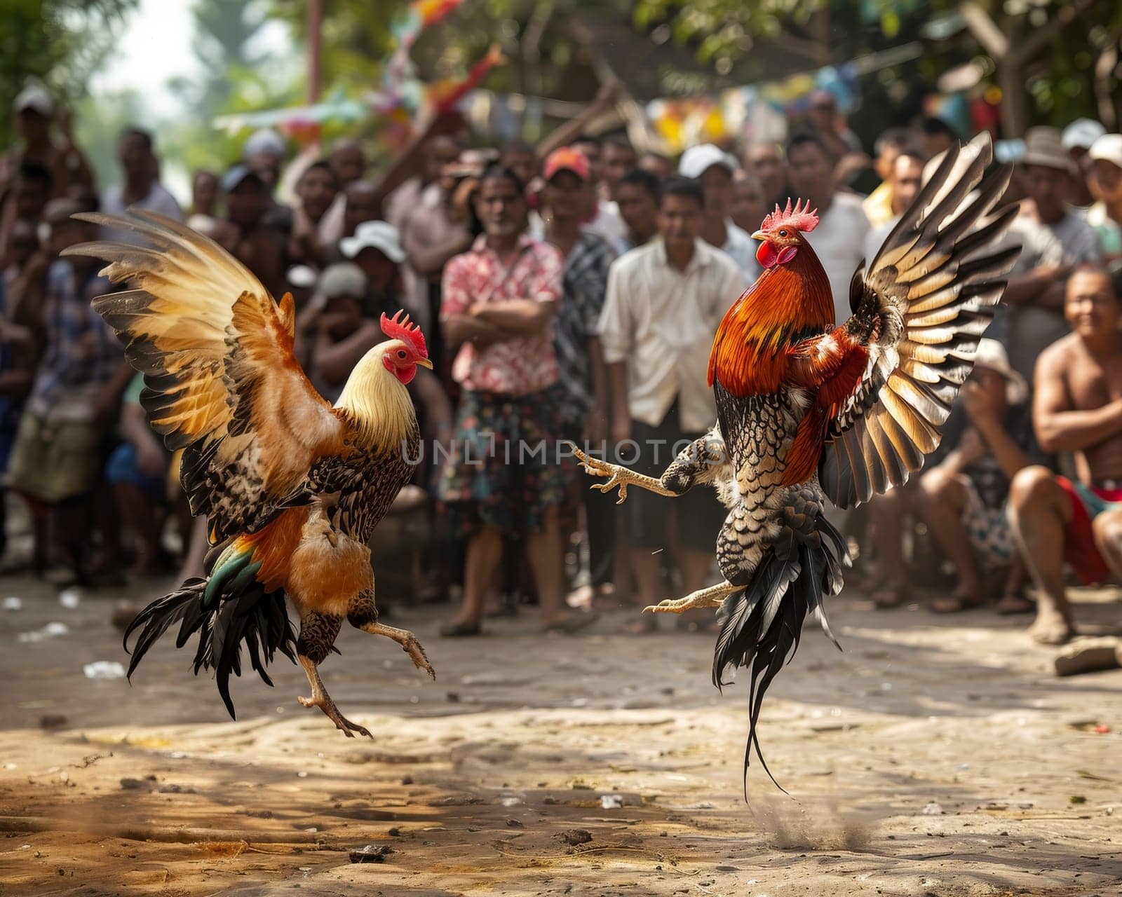 A dynamic cockfight with roosters engaged in battle while surrounded by an attentive crowd in a tropical village setting. by sfinks