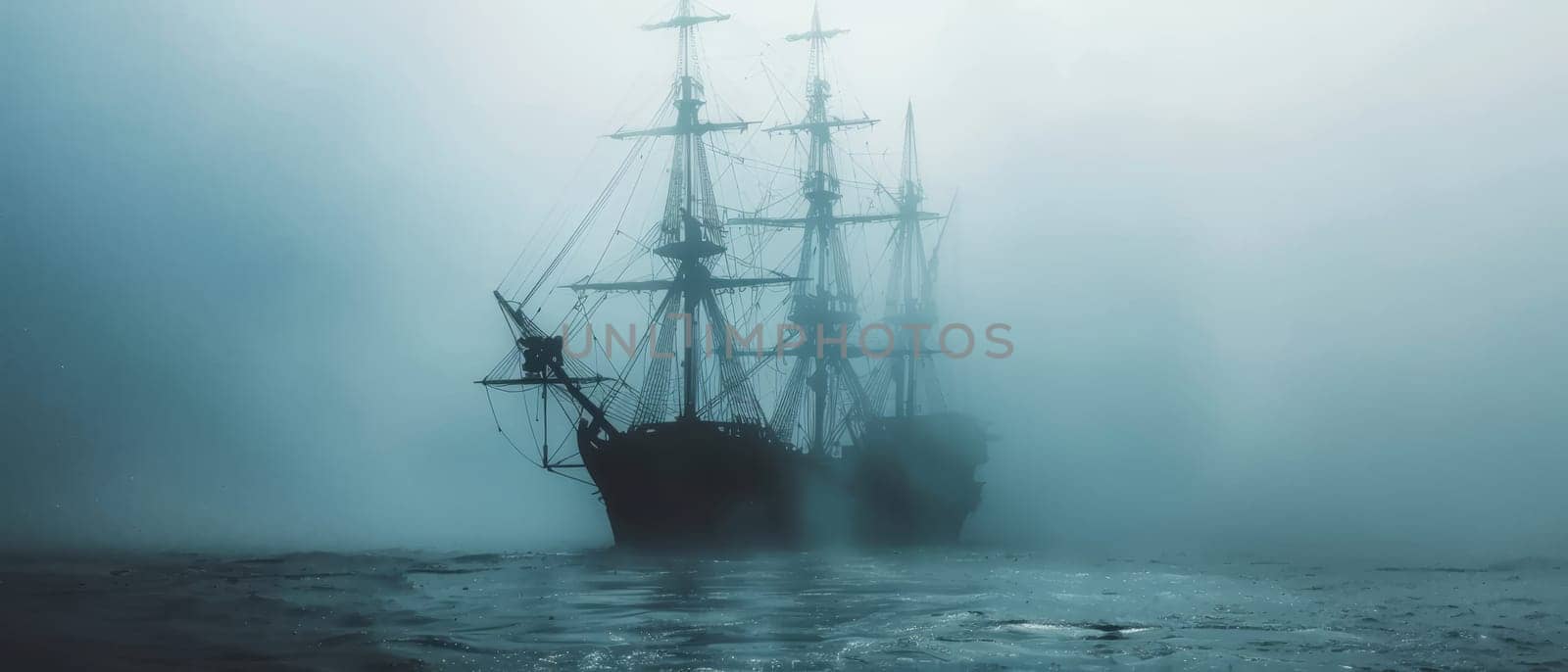 A ghostly sailing pirate ship emerges from a dense fog on the open sea, creating a mysterious and eerie maritime scene