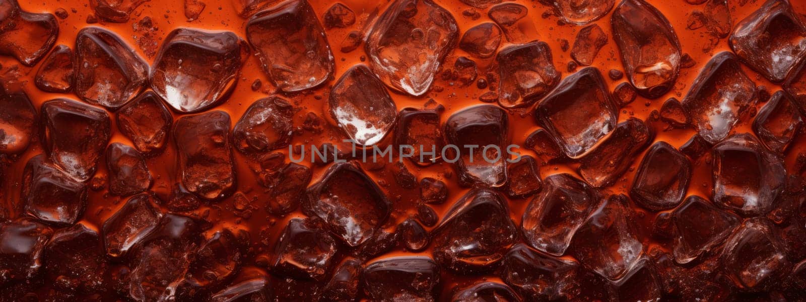 Cola with ice texture background. Close up of the ice cubes in cola water seamless pattern. by Artsiom