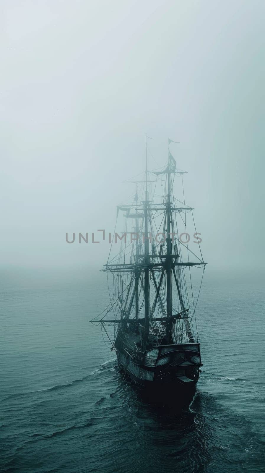 A ghostly sailing pirate ship emerges from a dense fog on the open sea, creating a mysterious and eerie maritime scene. by sfinks
