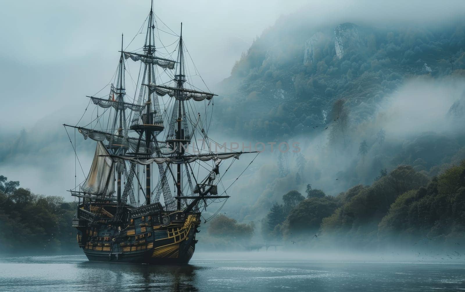 A mysterious pirate ship navigates close to a foggy cliff under the cover of night, creating an atmosphere of intrigue and adventure