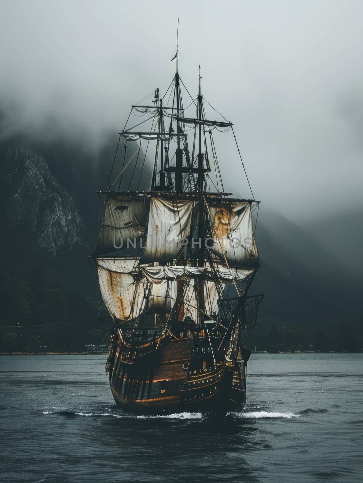 A mysterious pirate ship navigates close to a foggy cliff under the cover of night, creating an atmosphere of intrigue and adventure