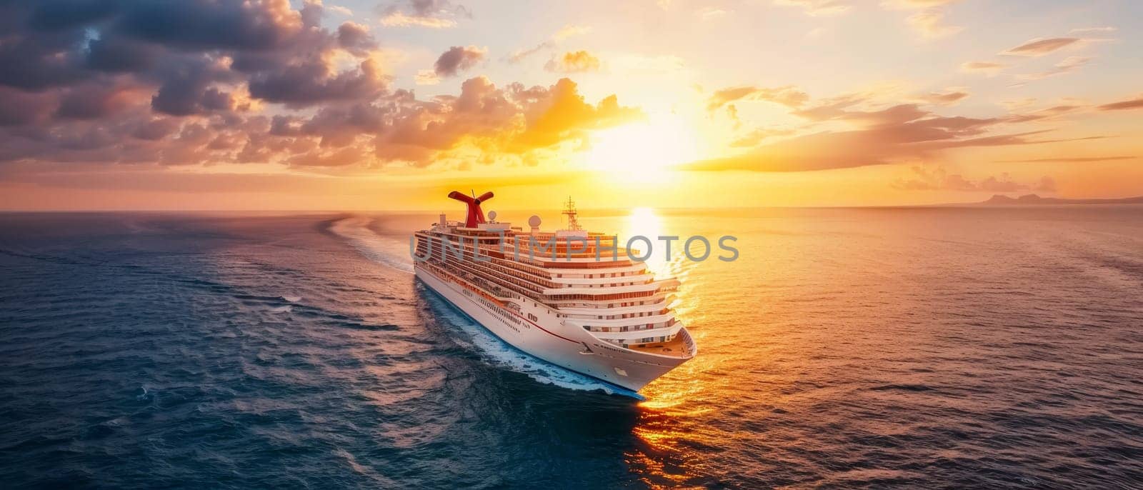 A luxury cruise ship sails through calm waters against a breathtaking sunset sky, offering a sense of grand travel adventures. by sfinks