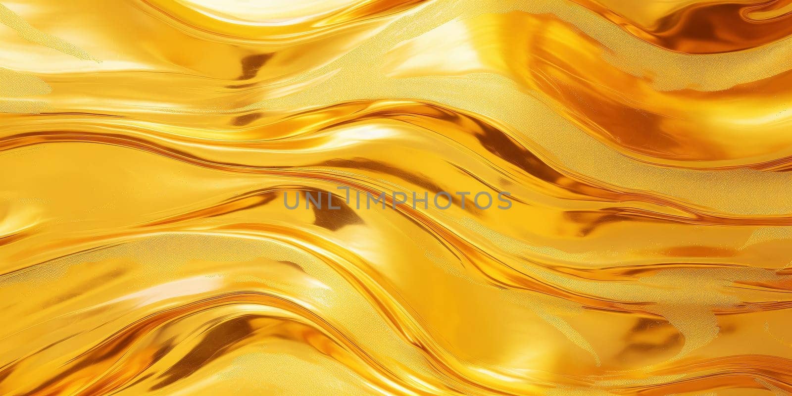 Golden fluid background. Liquid yellow metal wallpaper. Glamour swirl gold texture. 3d wavy flow abstraction. by Artsiom