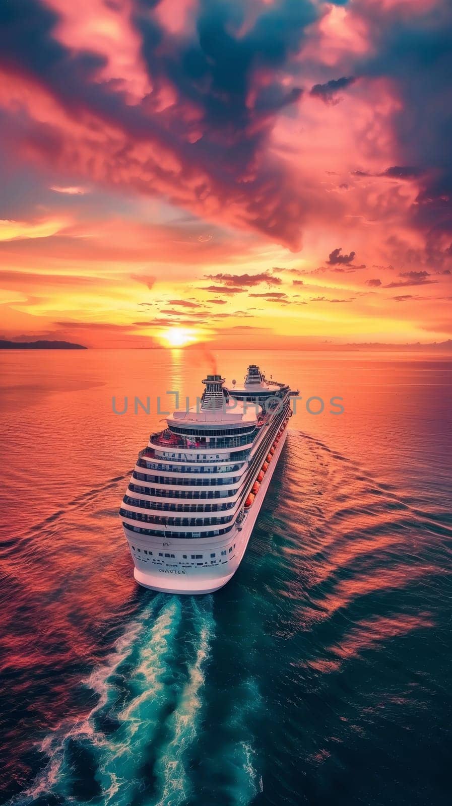 A luxury cruise ship sails through calm waters against a breathtaking sunset sky, offering a sense of grand travel adventures