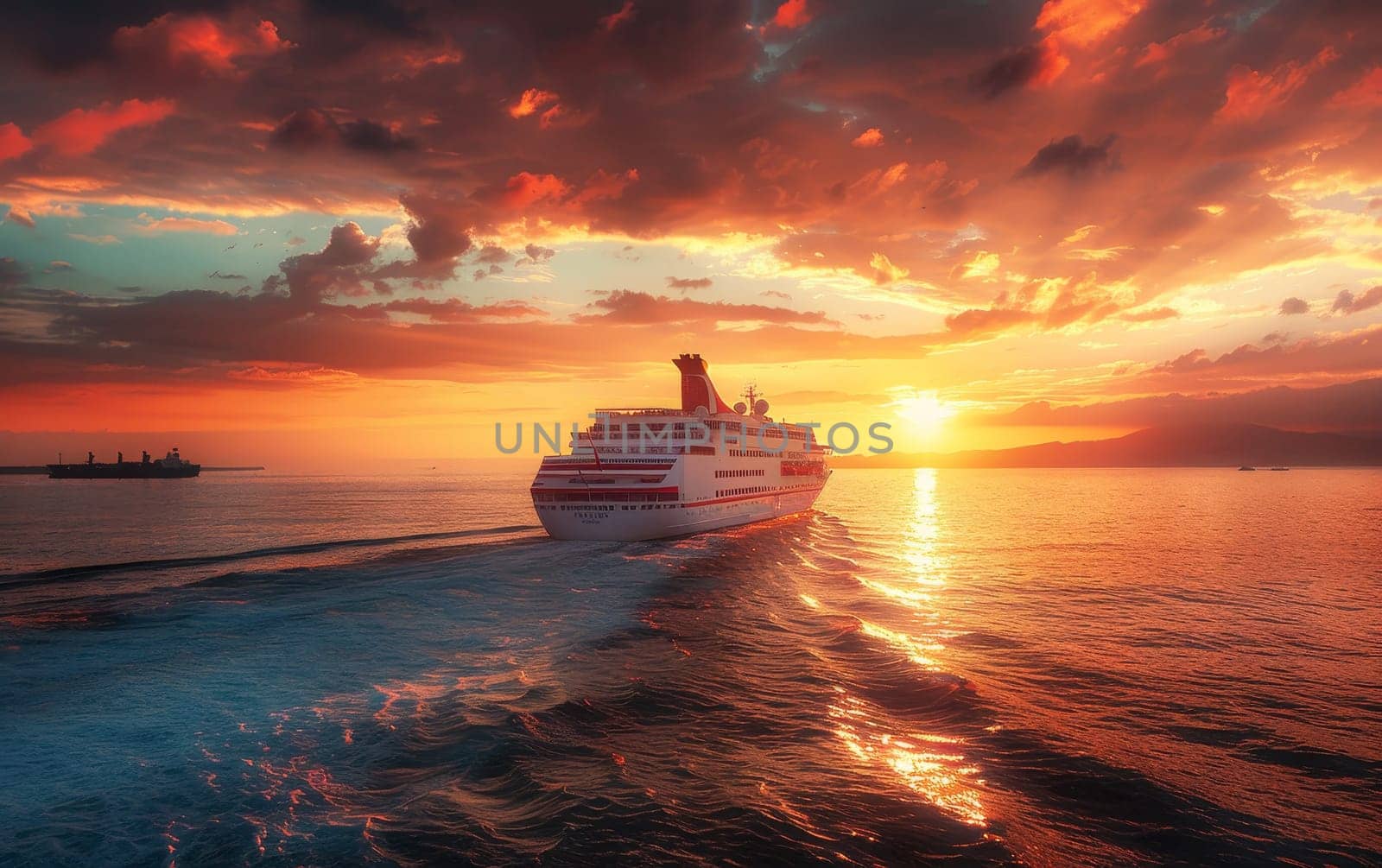 A luxury cruise ship sails through calm waters against a breathtaking sunset sky, offering a sense of grand travel adventures