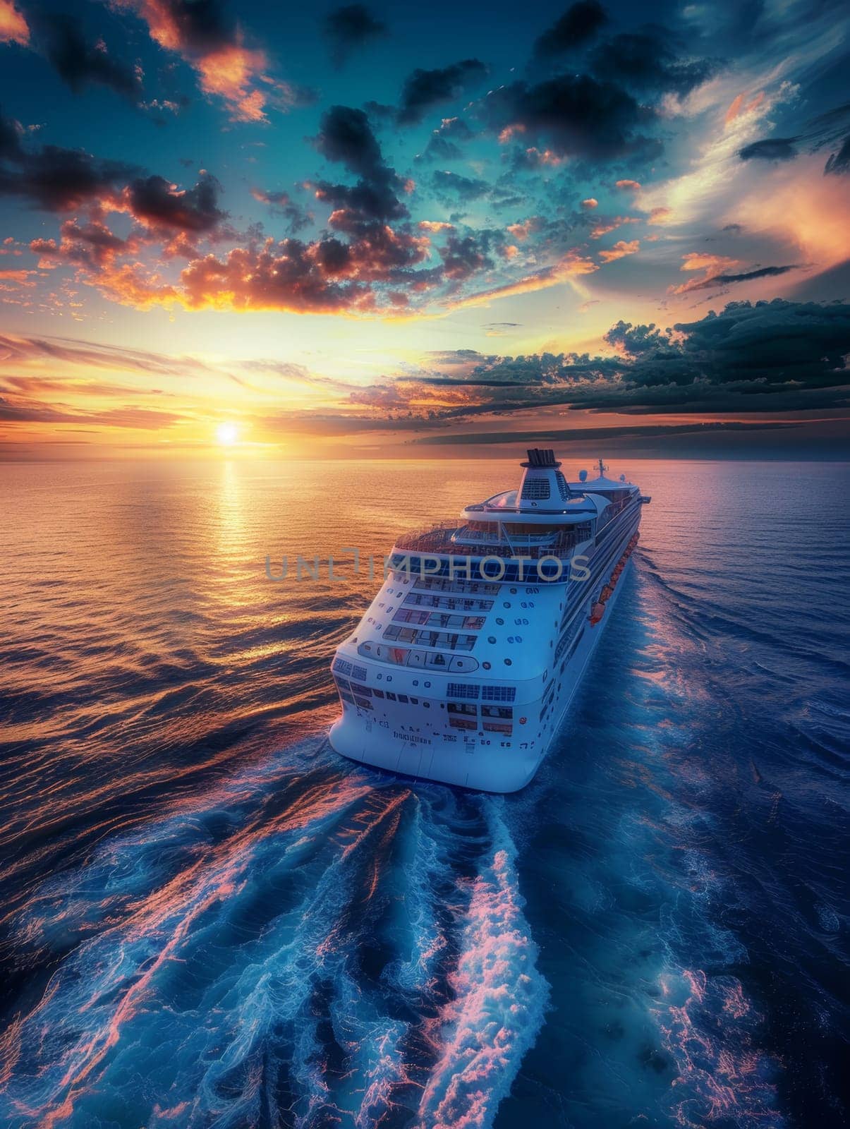 A luxury cruise ship sails through calm waters against a breathtaking sunset sky, offering a sense of grand travel adventures. by sfinks