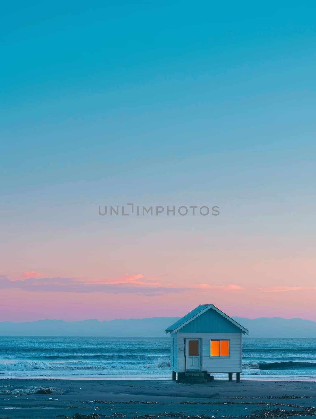 A lone beach house with warm glowing windows stands on a tranquil shore, with the serene ocean and twilight hues in the background. by sfinks