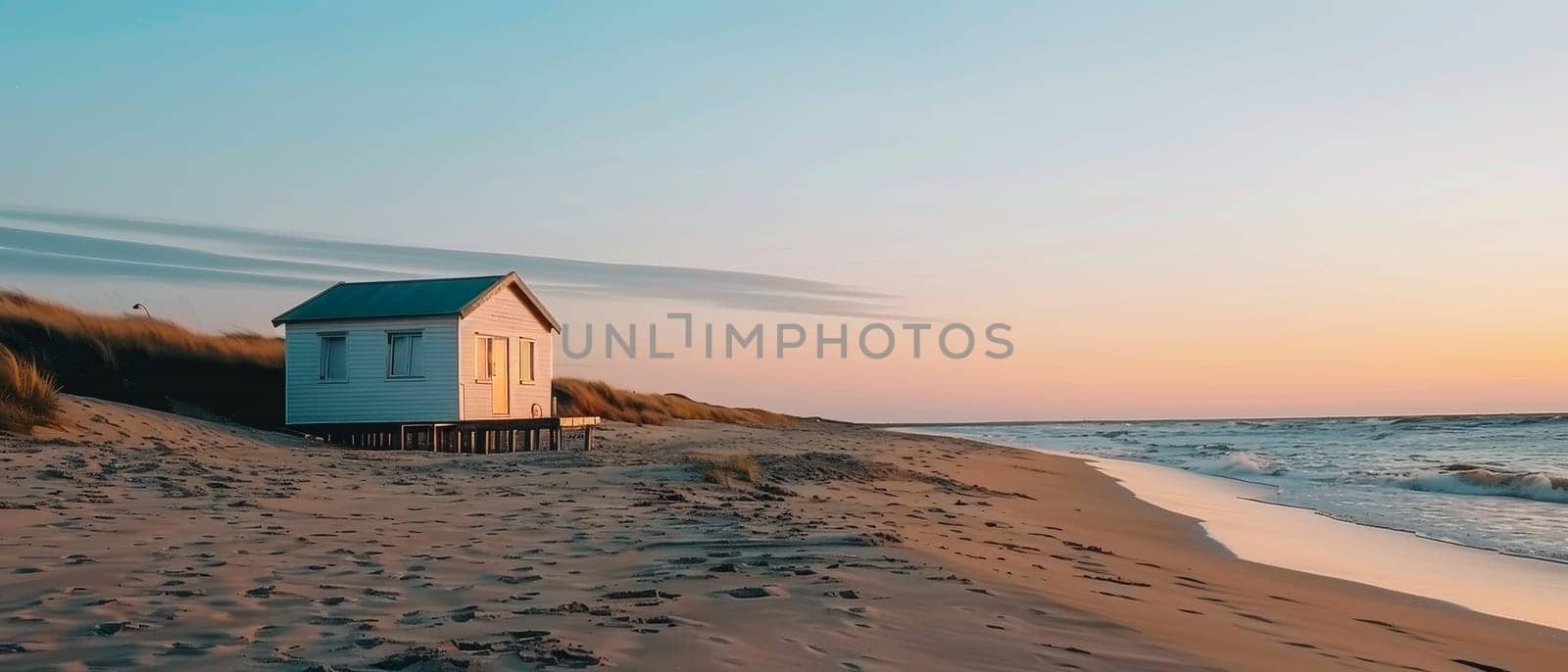 A serene beach at sunset, featuring a lifeguard hut, calm waves, and a sky painted with hues of orange and blue