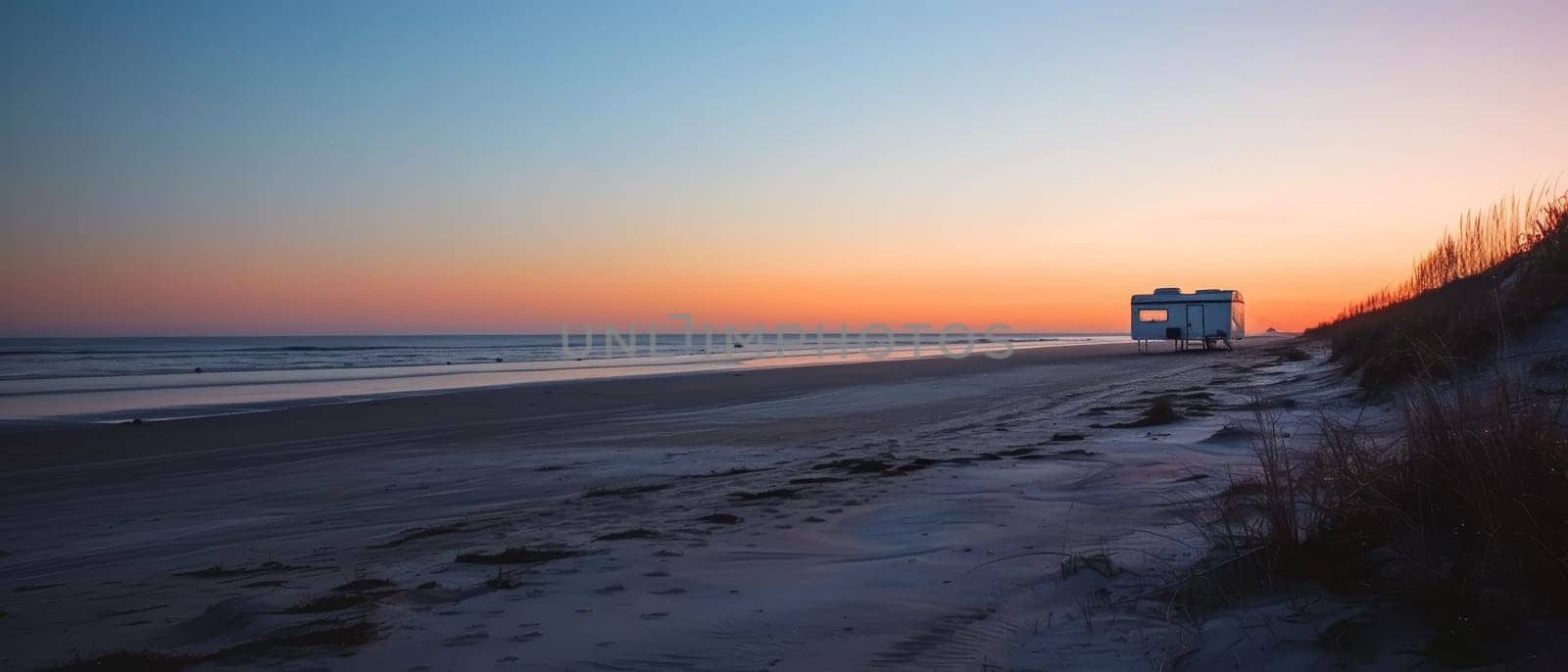 A solitary van parked on a remote beach at twilight, offering a peaceful retreat with a view of the expansive ocean and sky. by sfinks