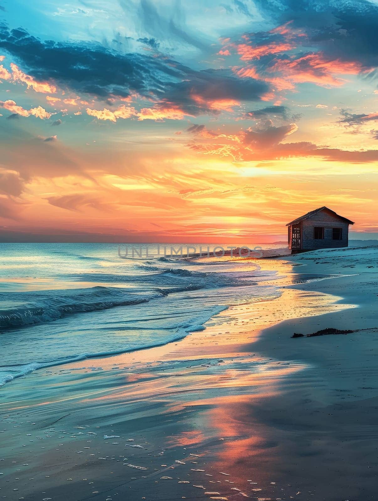 A serene beach at sunset, featuring a lifeguard hut, calm waves, and a sky painted with hues of orange and blue