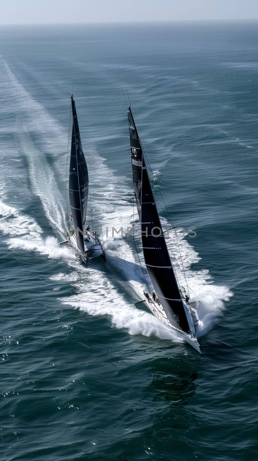 High-speed racing sailboats slice through the ocean waves, their sails billowing in the wind during a competitive regatta