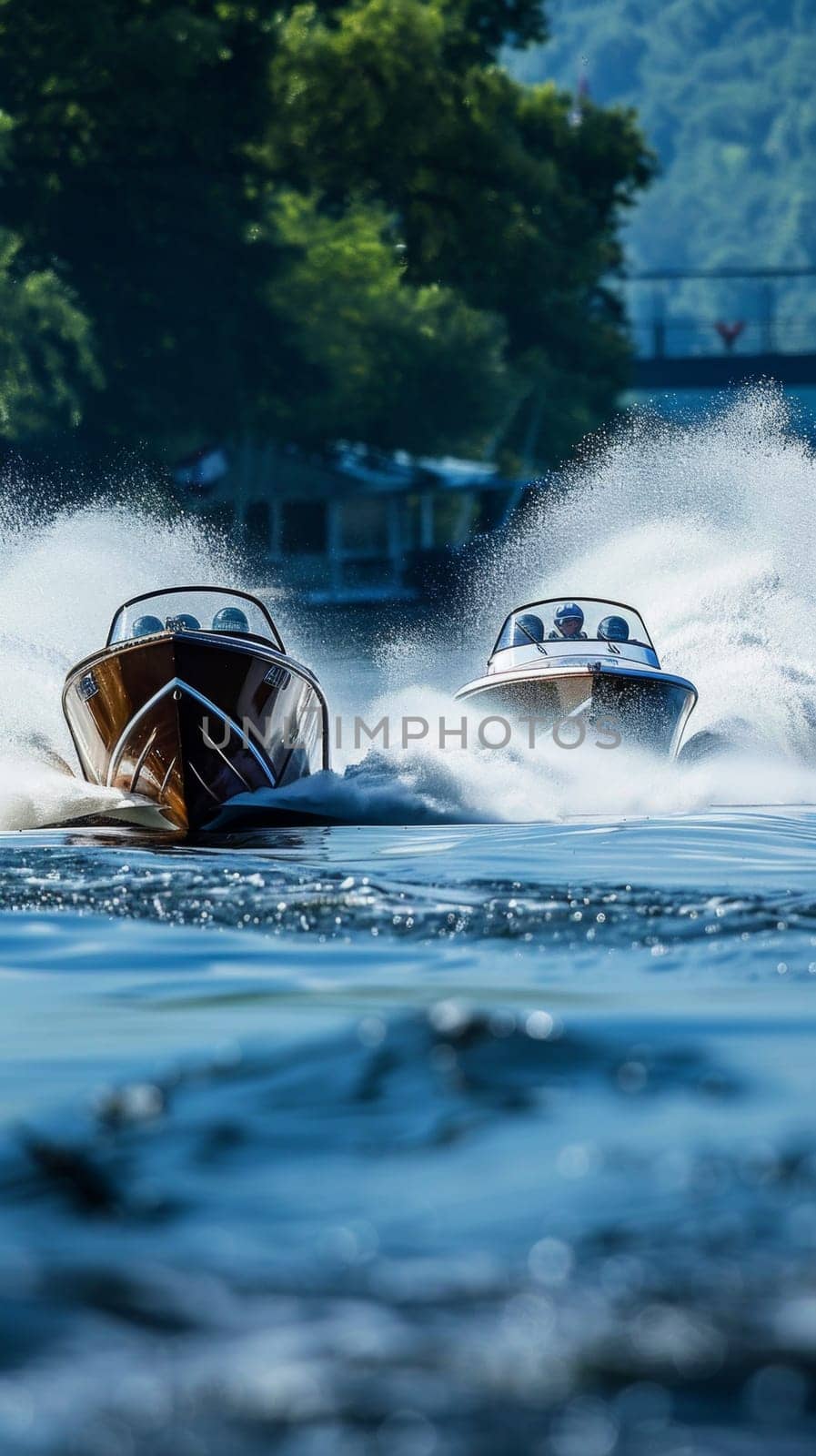 Speedboats race at high velocity, churning the ocean water with powerful, in an intense display of water sportsmanship. by sfinks