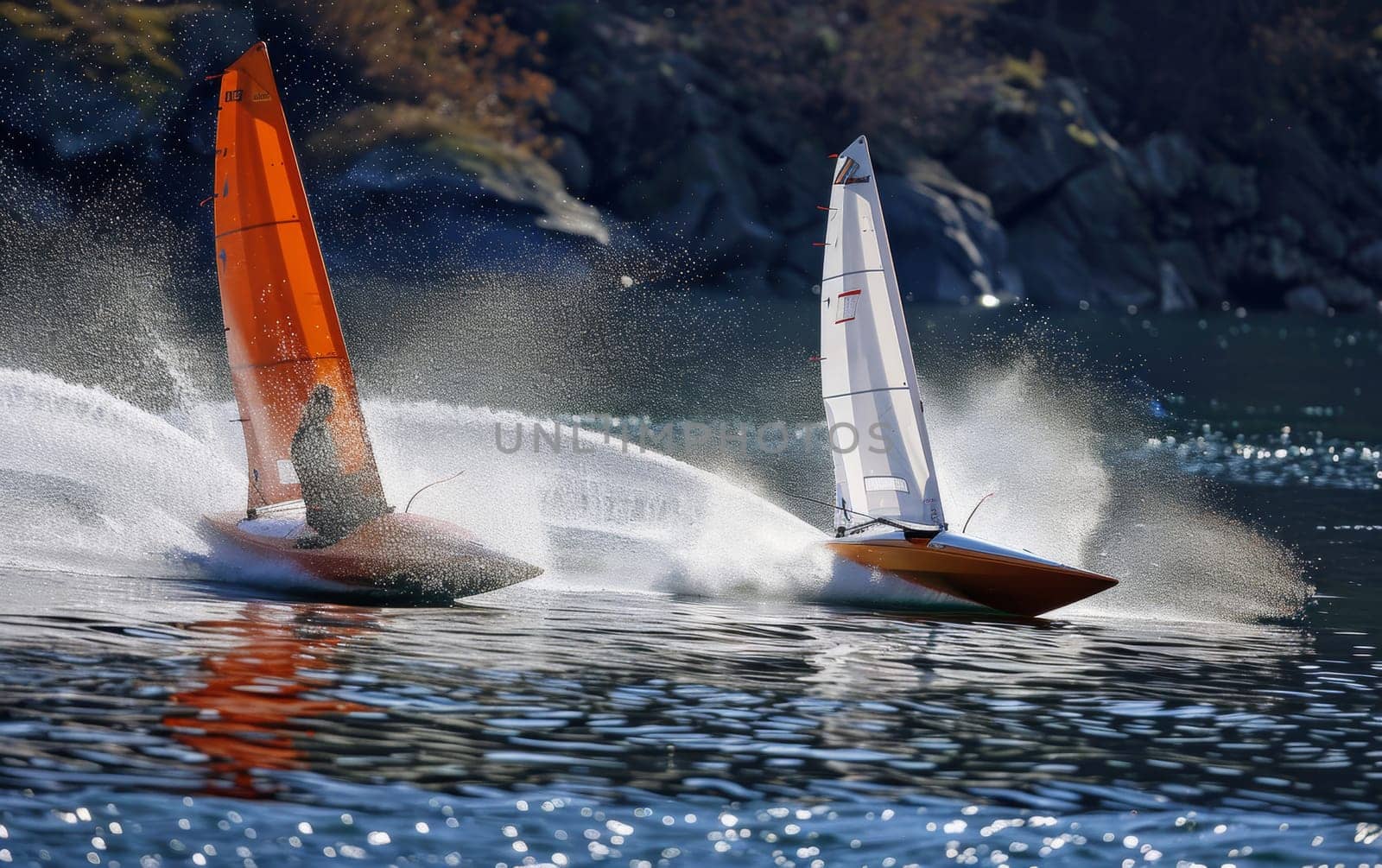 Sailboats with billowing spinnaker sails glide on the water, showcasing the beauty of sail racing on a clear day