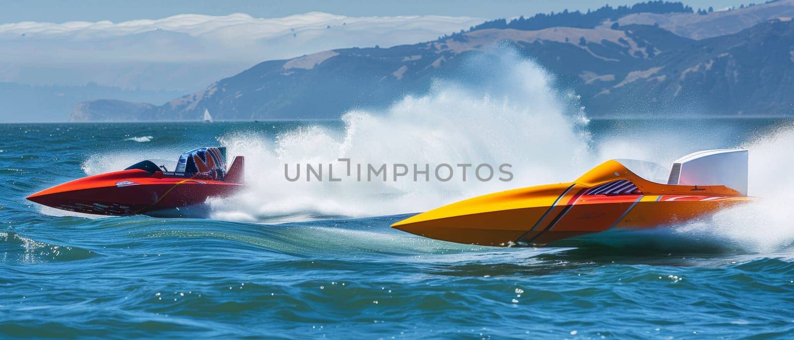 Speedboats race at high velocity, churning the ocean water with powerful, in an intense display of water sportsmanship