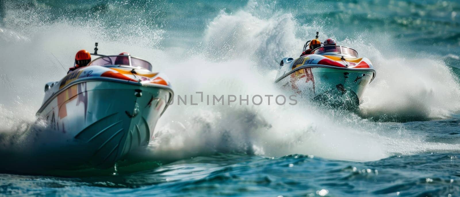 Speedboats race at high velocity, churning the ocean water with powerful, in an intense display of water sportsmanship