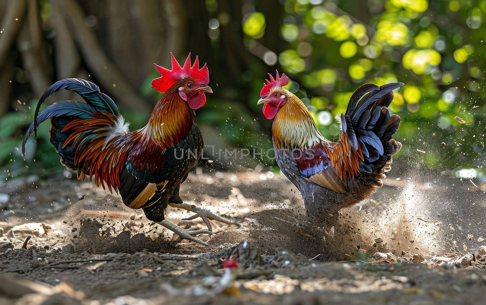 Intense Rooster Fight in a Dusty Field with Flapping Wings and Clashing Beaks. by sfinks