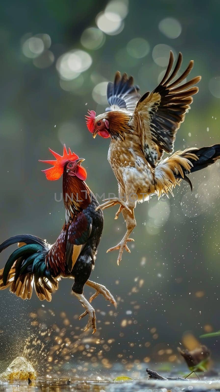 Intense Rooster Fight in a Dusty Field with Flapping Wings and Clashing Beaks