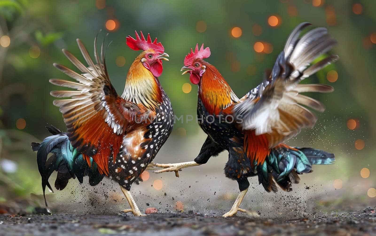 Two fierce roosters engaged in an intense cockfight amidst falling autumn leaves, capturing the dynamic energy of the battle. by sfinks