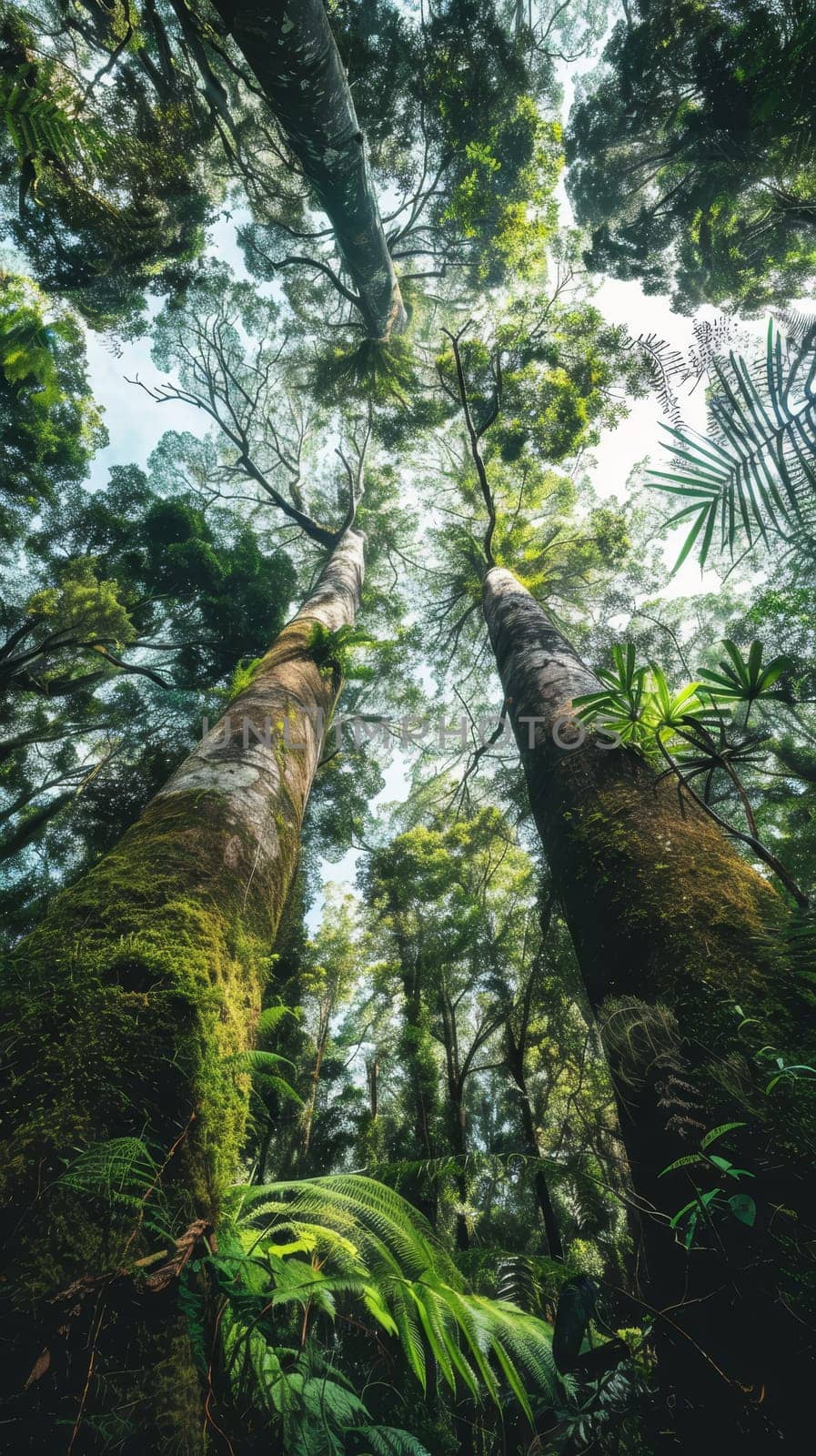 A lush expanse of an ancient forest unfolds beneath a verdant canopy, with gigantic trees ascending into the sky, enrobed in vibrant moss and life.. by sfinks