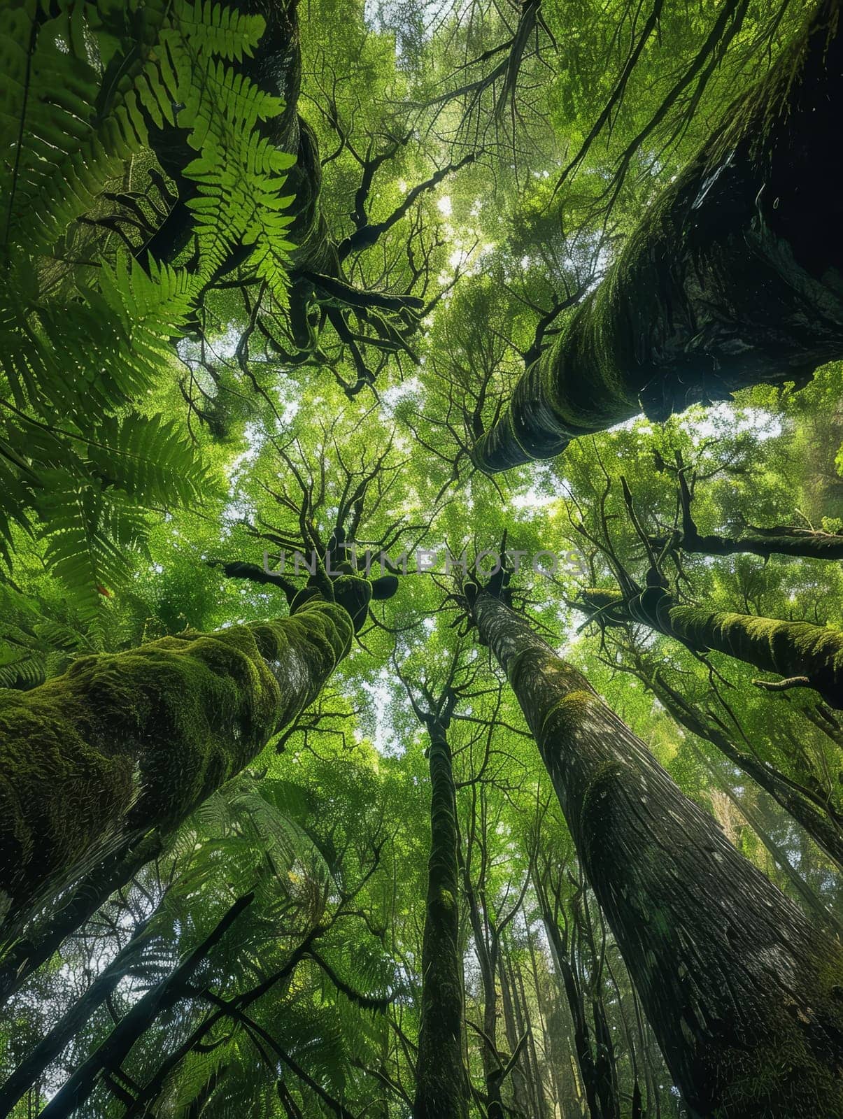 Gaze upwards in a forest of antiquity where immense trees reach for the heavens, their moss-covered trunks a testament to the timeless beauty of nature.. by sfinks