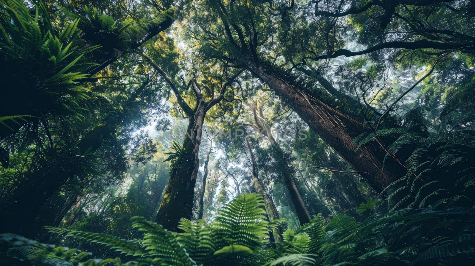 Morning light filters through the dense canopy of an enchanted forest, illuminating the intricate patterns of ferns and the towering, mossy sentinels.. by sfinks