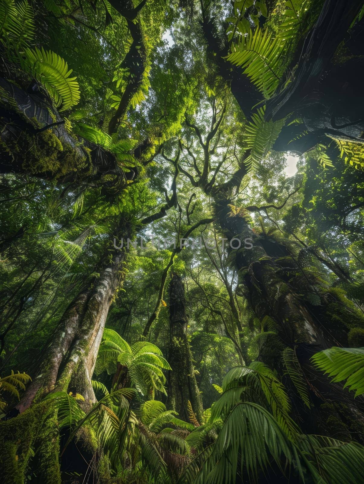 Gaze upwards in a forest of antiquity where immense trees reach for the heavens, their moss-covered trunks a testament to the timeless beauty of nature.. by sfinks