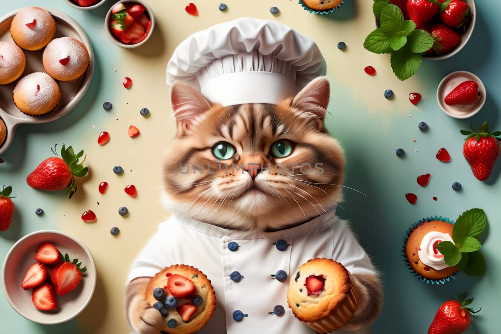 cute cat chef with berry muffins, top view .