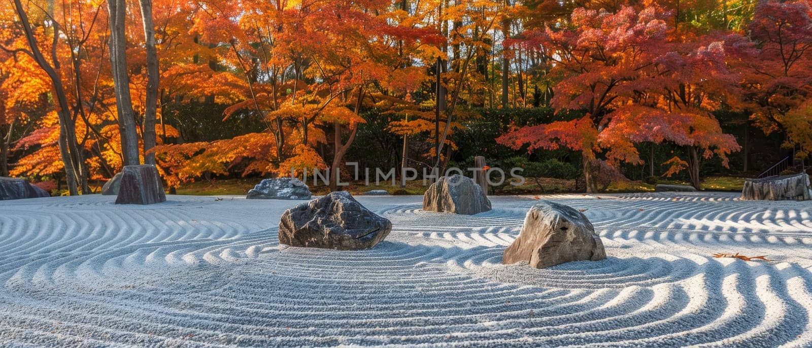 A Zen garden's tranquil setting is accentuated by the warm fall colors, inviting a moment of peace amid the raked sand and stone arrangements.