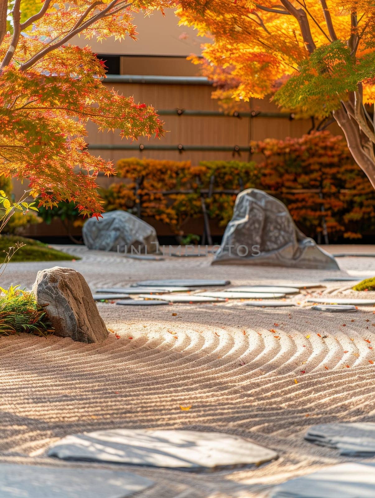 Meticulously raked sand patterns create a serene landscape in a Japanese Zen garden, complemented by vibrant autumn leaves and tranquil shadows.. by sfinks