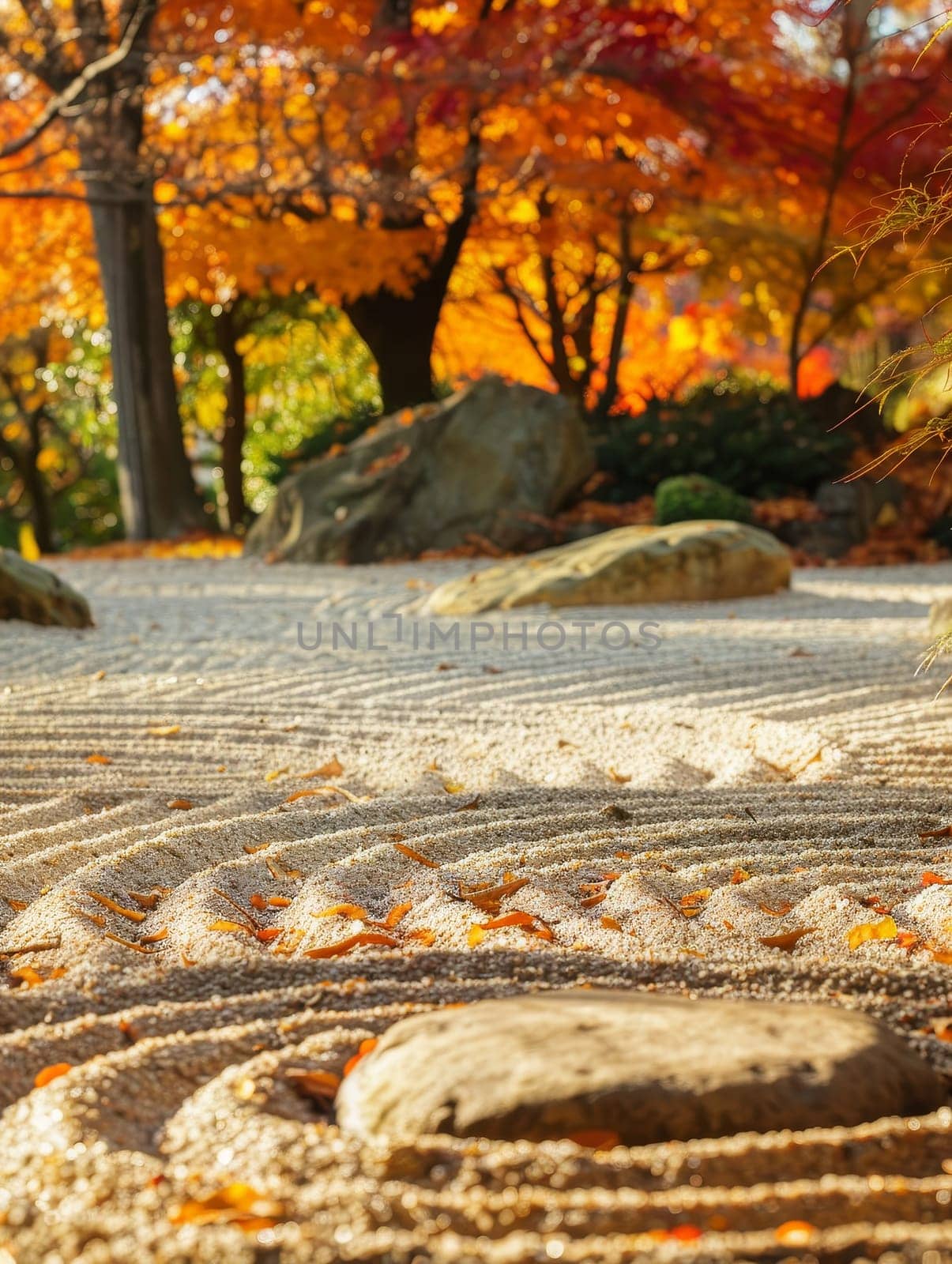 Meticulously raked sand patterns create a serene landscape in a Japanese Zen garden, complemented by vibrant autumn leaves and tranquil shadows.