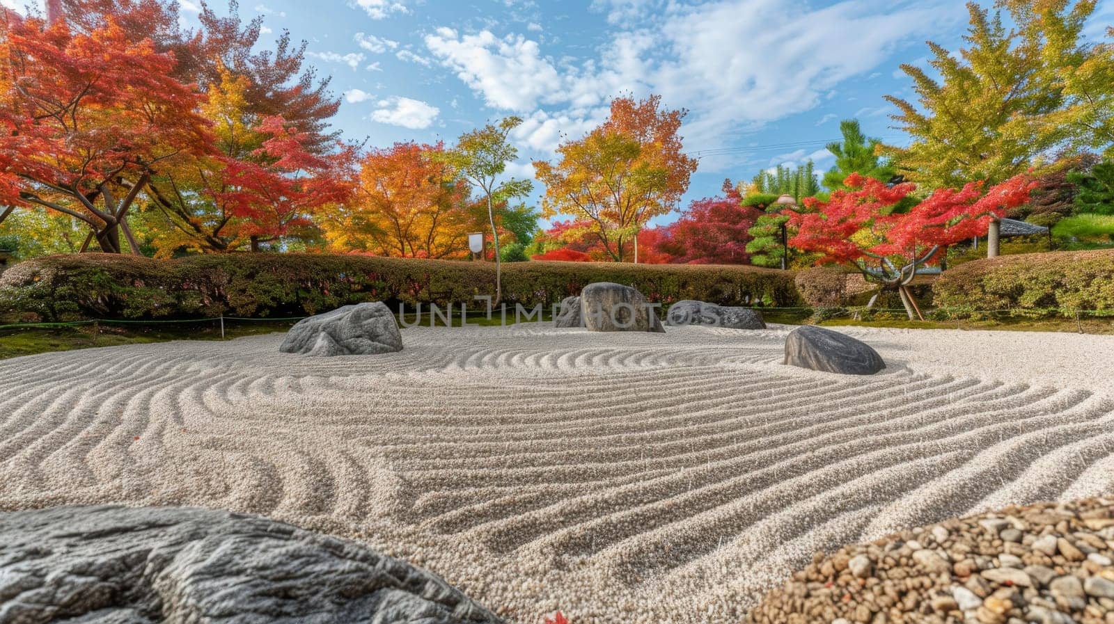 The calm of an autumn day settles over a Japanese Zen garden, where raked gravel and autumnal hues invite contemplation and tranquility.