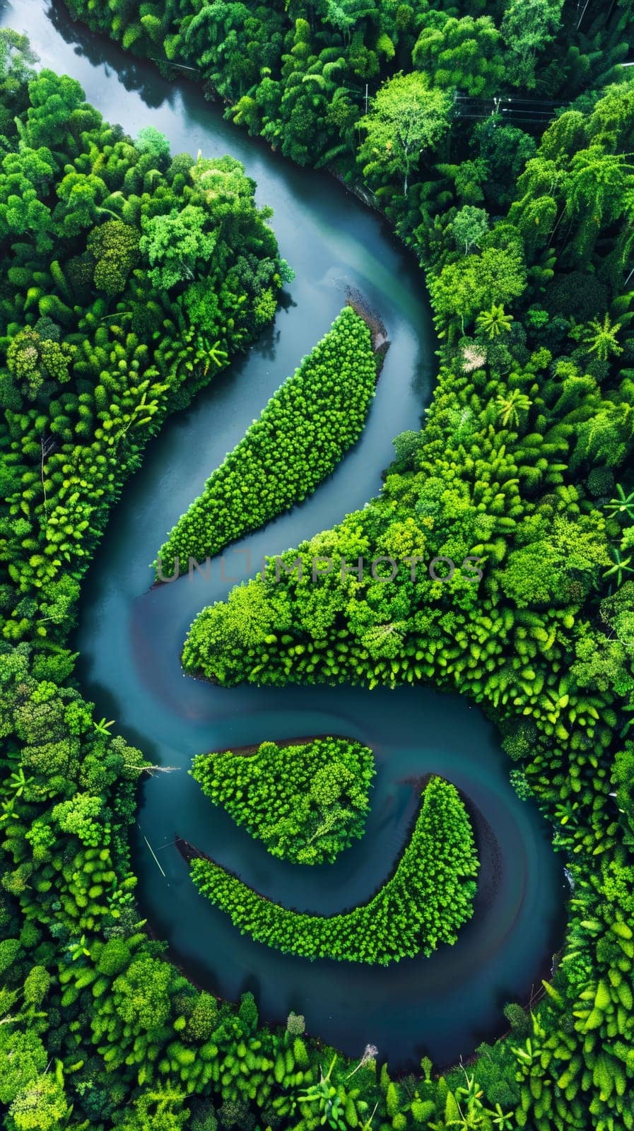 An aerial perspective reveals a river's winding path through lush, green mountains, showcasing the breathtaking beauty of this untouched landscape.