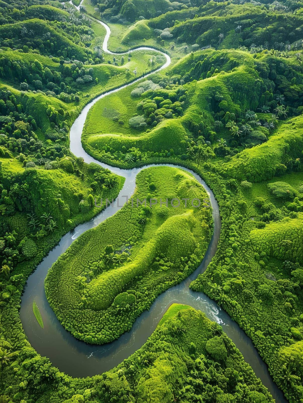 The peaceful green river winds elegantly through undulating hills, creating a harmonious natural pattern as viewed from the skies.