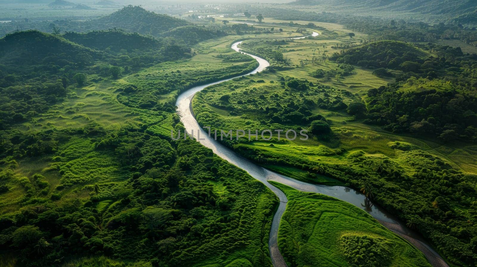 Sunlight dapples over a vibrant river curving through a rich tapestry of green hills, highlighting the curves and contours of the terrain.. by sfinks