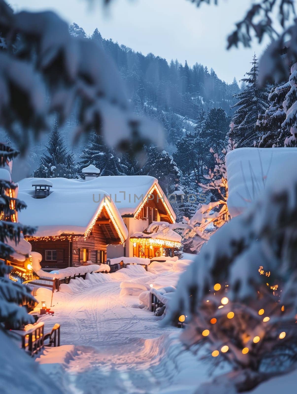 A mountain village twinkles under the evening's holiday lights, its snowy peaks creating a magical backdrop for the winter festivities.