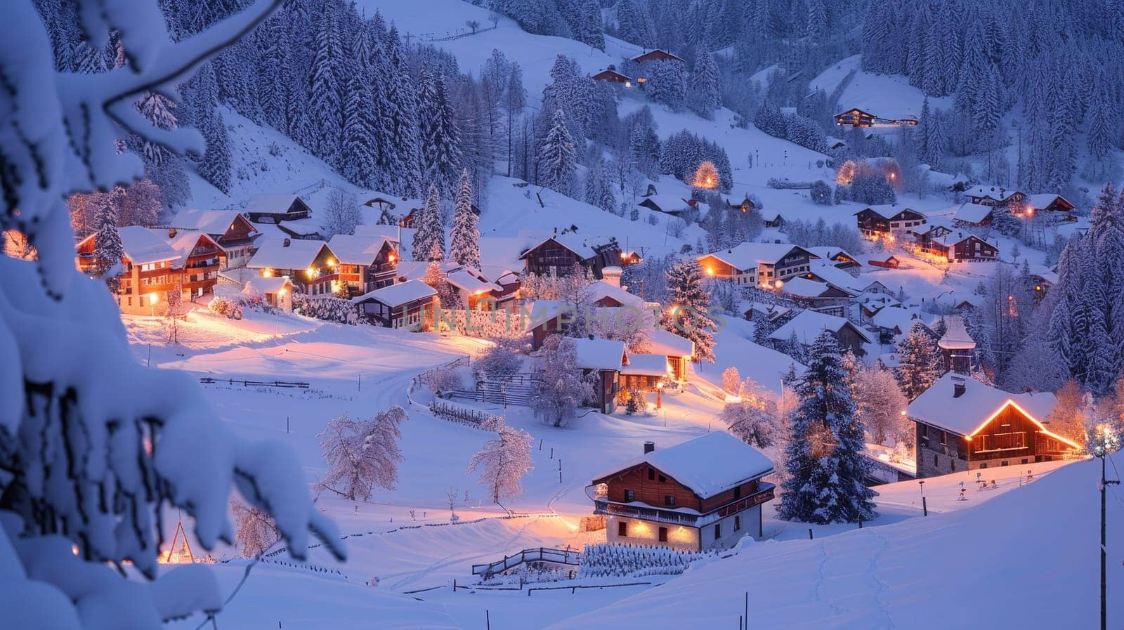 Snow-laden homes emit a welcoming radiance against the twilight sky, as festive decorations highlight the joyous spirit of the holiday season.