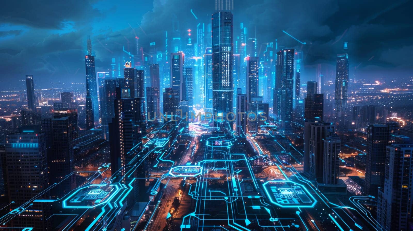 Futuristic city skyline glowing with neon light trails and digital circuit patterns, illustrating a high-tech urban landscape at night