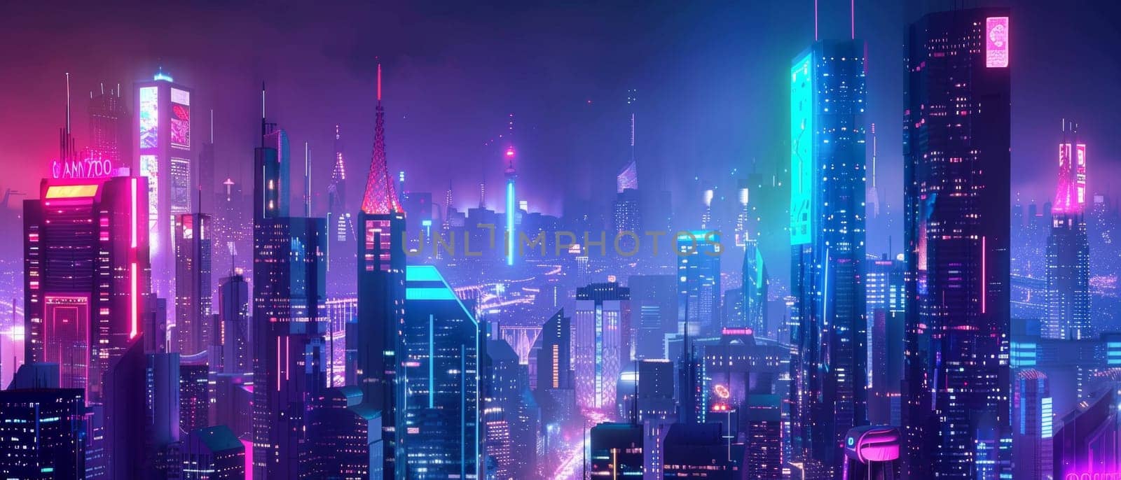 A sprawling cyberpunk cityscape comes to life at twilight, its skyline aglow with neon lights and holographic billboards, under a radiant pink sky.