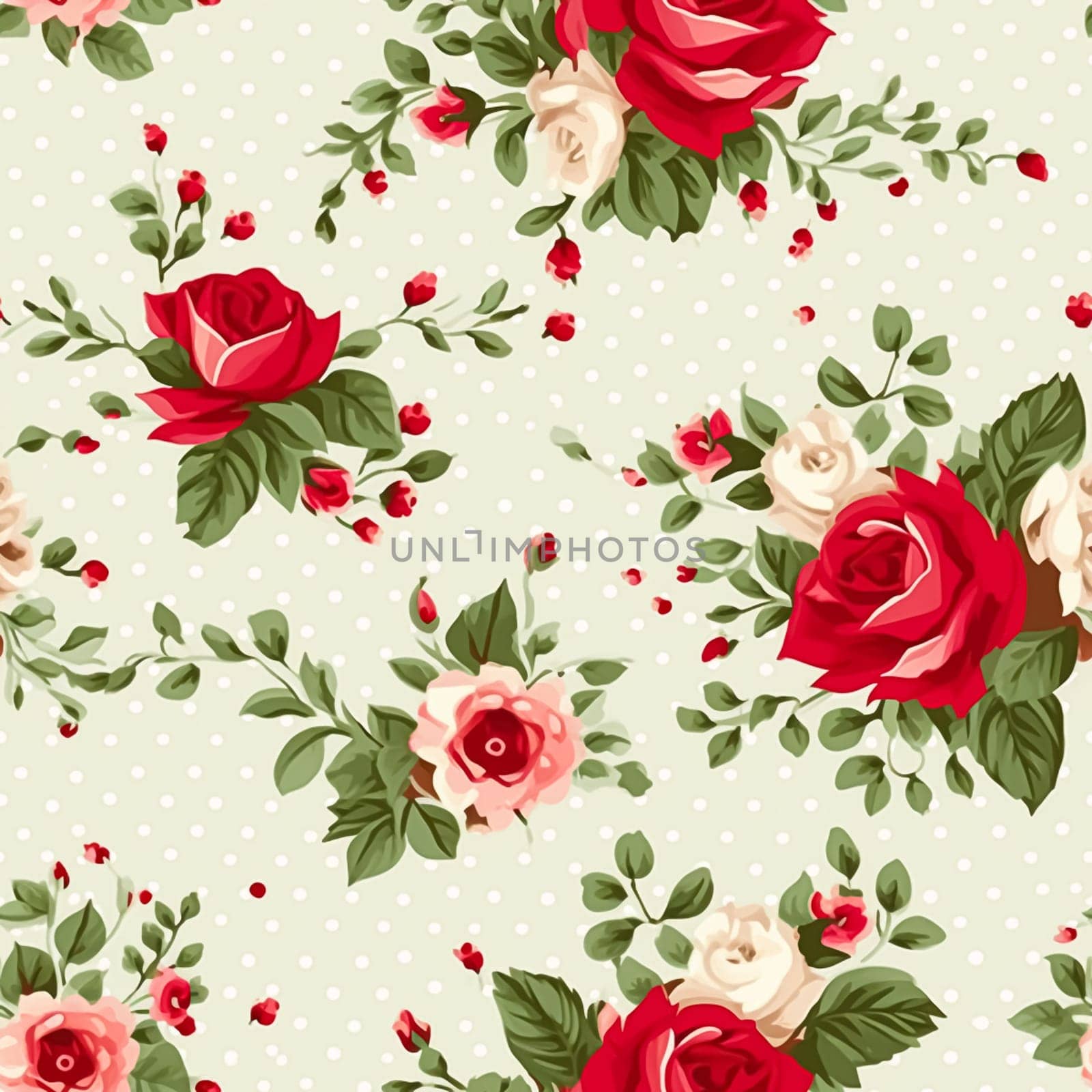 Seamless pattern, tileable floral country holiday print with roses, dots and flowers for wallpaper, wrapping paper, scrapbook, fabric and polka dot roses product design idea