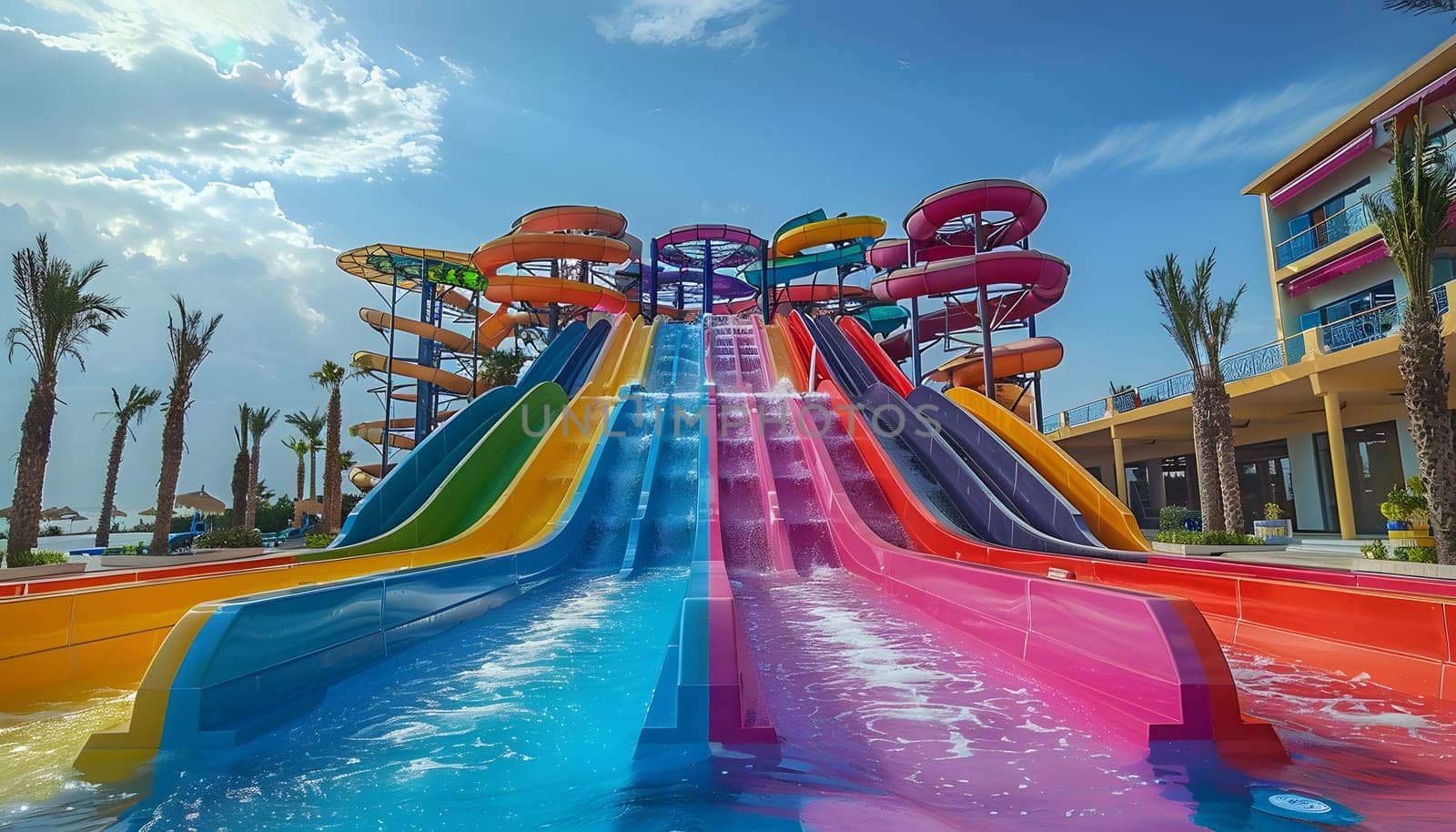 Experience a colorful water world at our water park with a variety of slides set against a backdrop of blue skies and white clouds. Perfect for outdoor recreation and leisure in the city