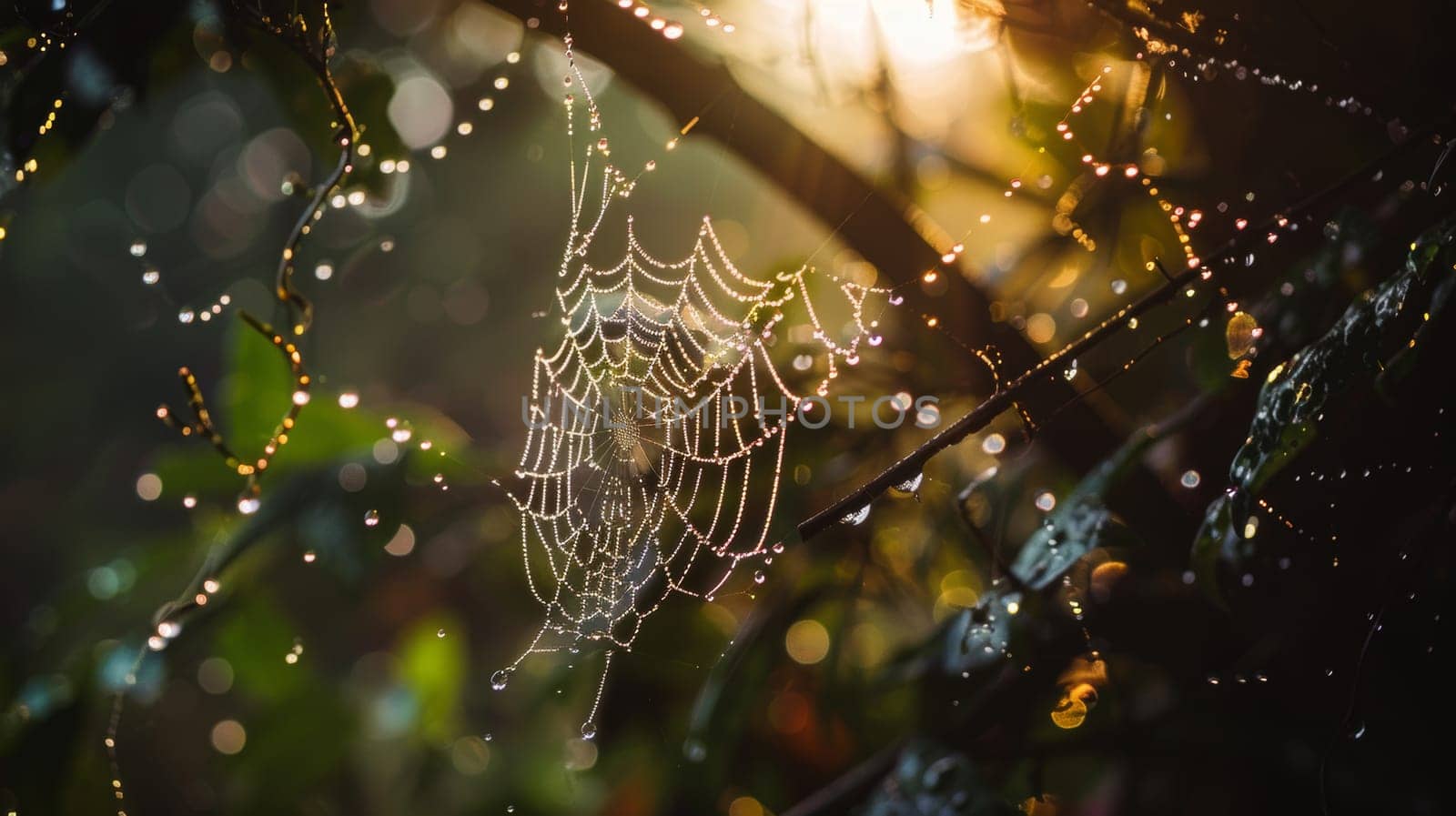 The complex geometry of a spiderweb captures the twilight's first light, creating a shimmering spectacle of dew against a dark forest canvas.