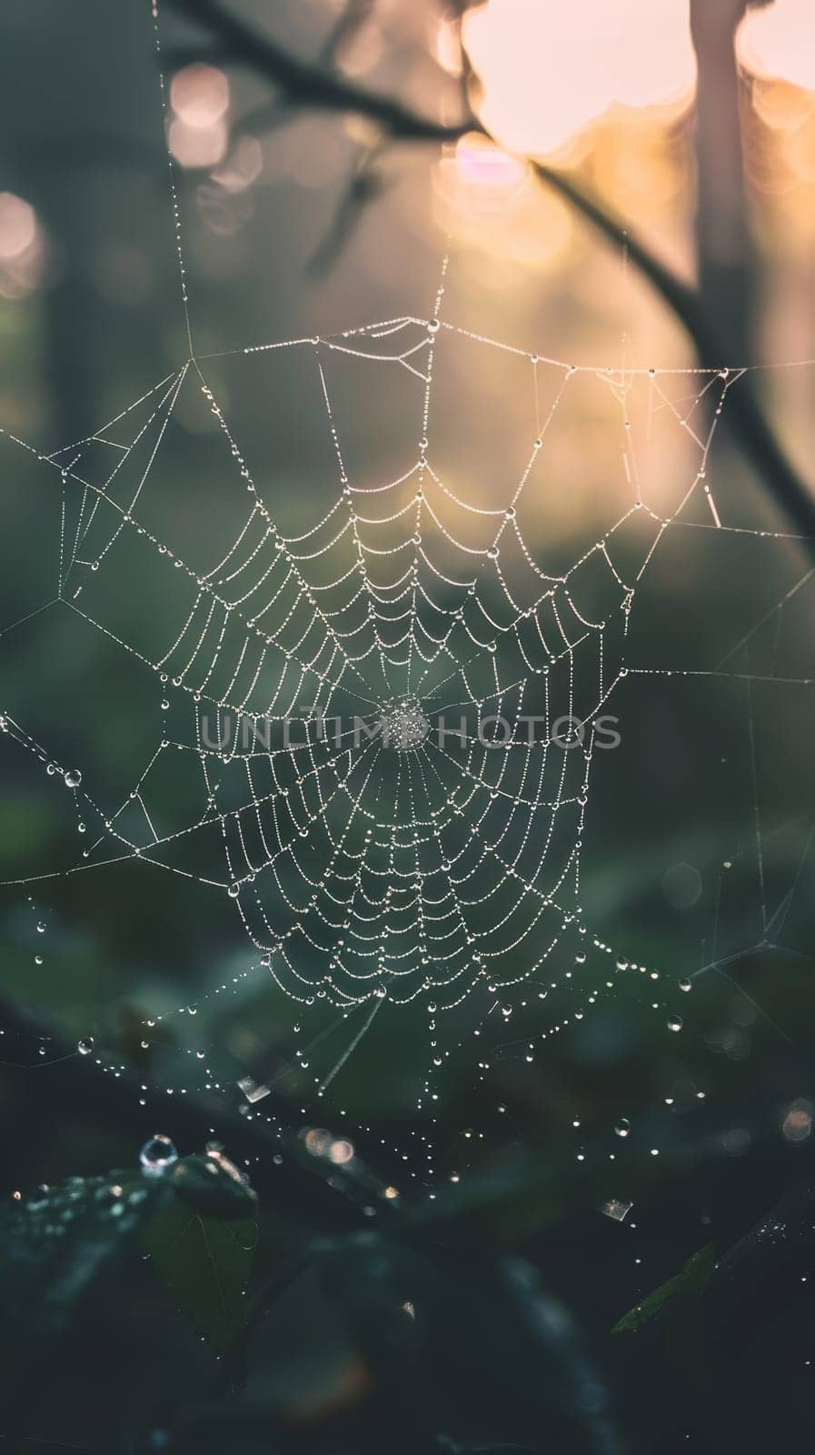 The fragile beauty of a spiderweb is highlighted by droplets of dew against the serene blue tones of a misty morning.