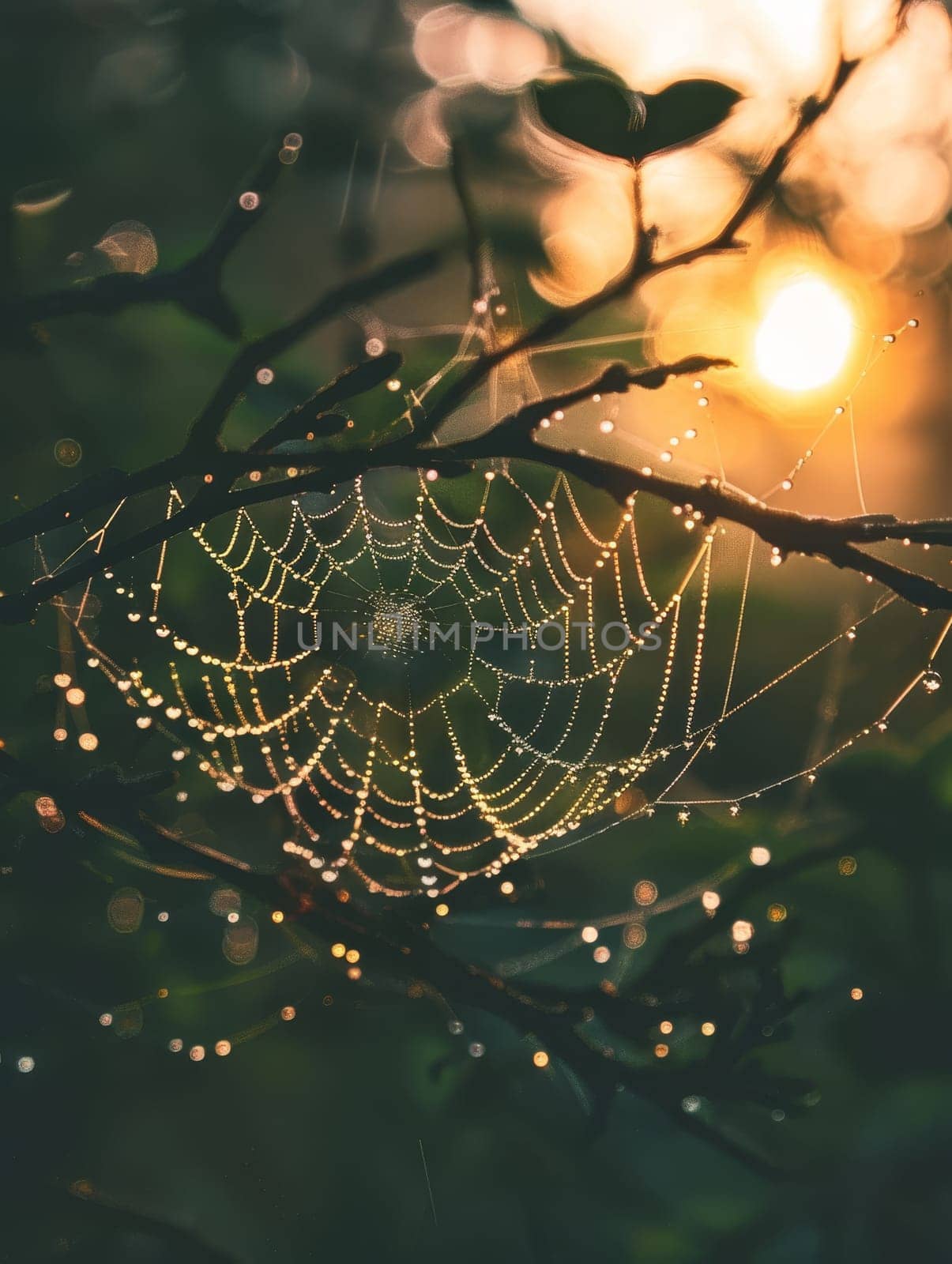 Morning dew clings to the delicate strands of a spiderweb, illuminated by a golden sunrise that infuses the scene with warmth.. by sfinks