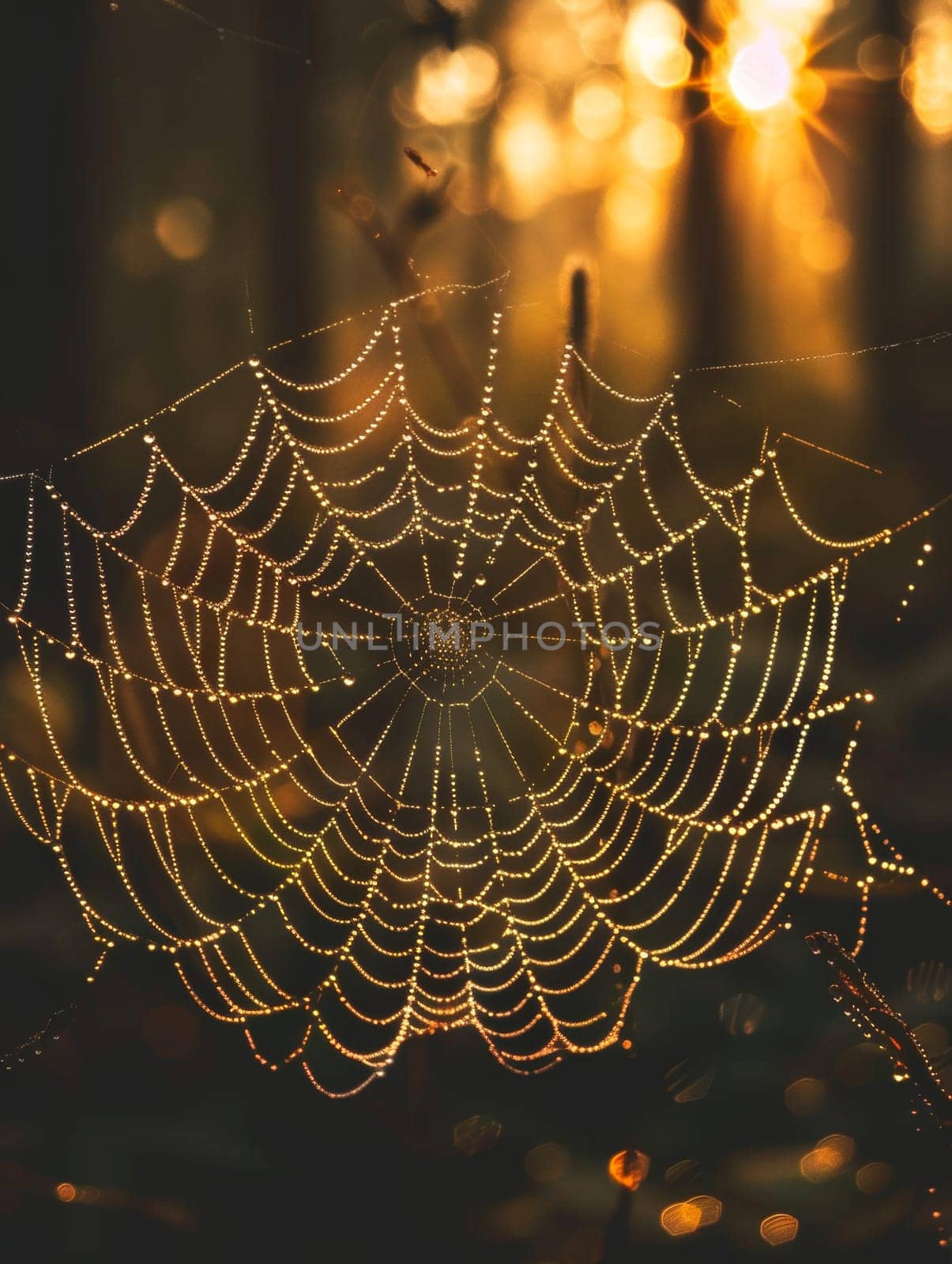 Morning dew clings to the delicate strands of a spiderweb, illuminated by a golden sunrise that infuses the scene with warmth.