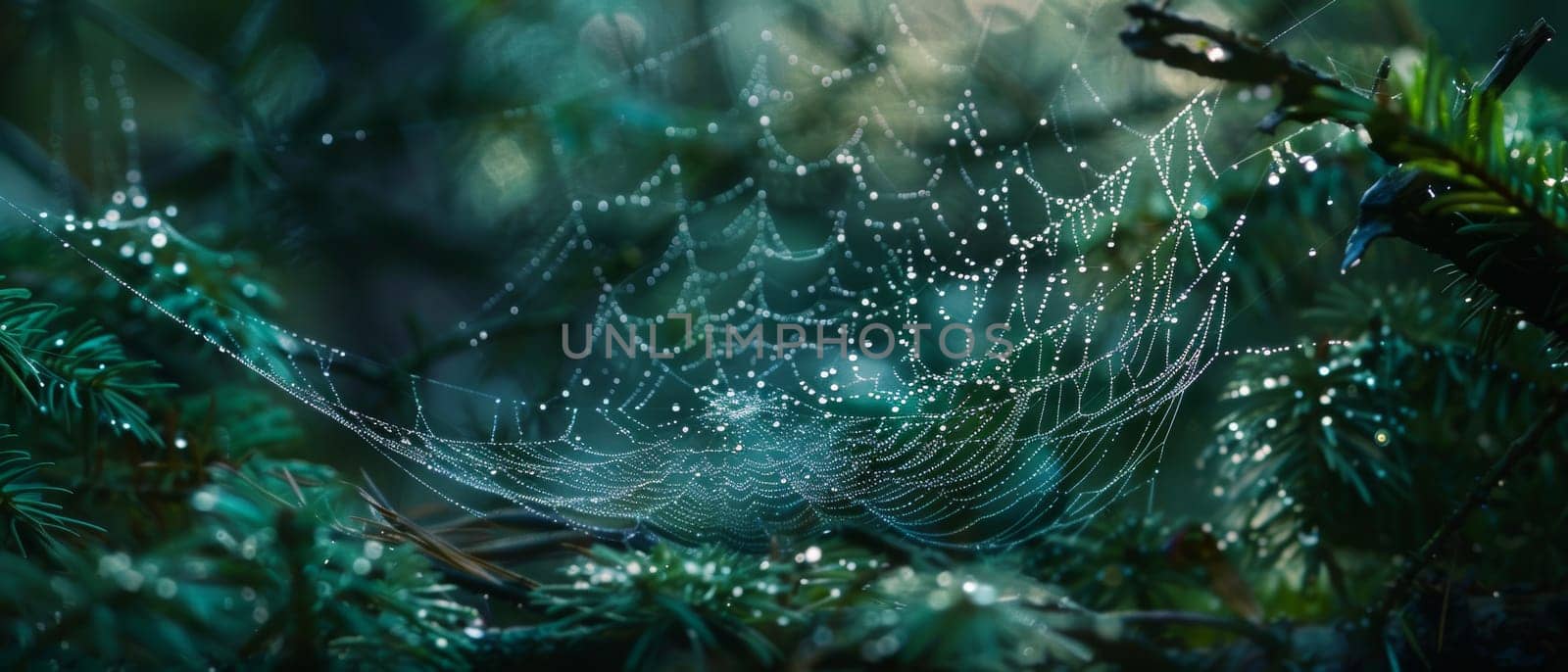 A spider's web, intricately woven and bejeweled with morning dew, glistens against a backdrop of hazy blue forest light.